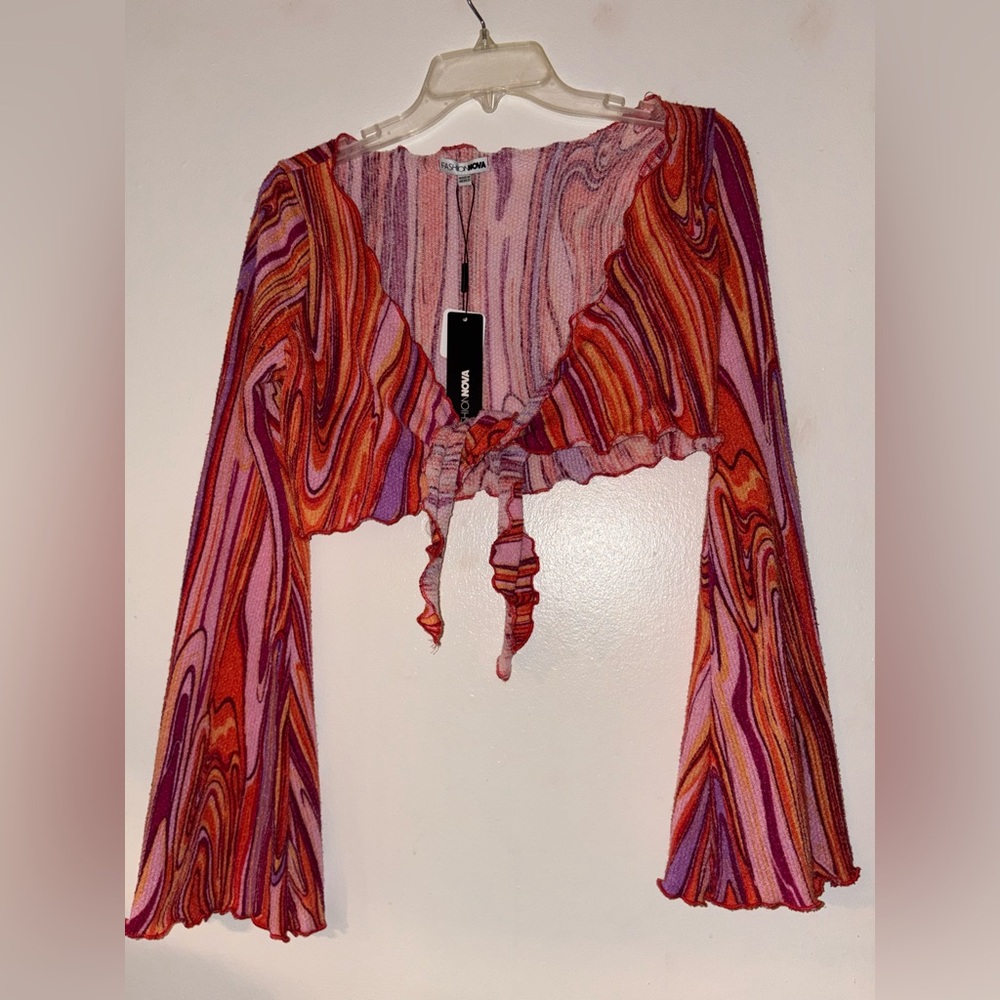 Fashion Nova Brown and Orange Long Sleeve Tie Front Blouse